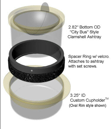 Custom Cupholders Spacer Ring to fit old city bus style ashtrays into a 3.25 in. ID Cupholder